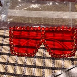Red Crystal-Trim Rectangular Sunglasses
